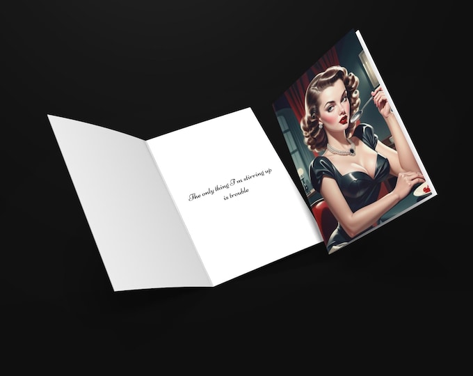 1940s Femme Fatale Card | Stirring The Pot | Film Noir Vibes | Vintage Greetings | Unique Retro Designs