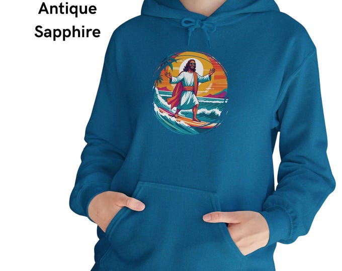 YOLO Jesus Surfing Hoodie | Retro Miami & Groovy California Vibe | Humorous Christ Pullover | Religious Comedy Gift | Sizes Small - 5XL