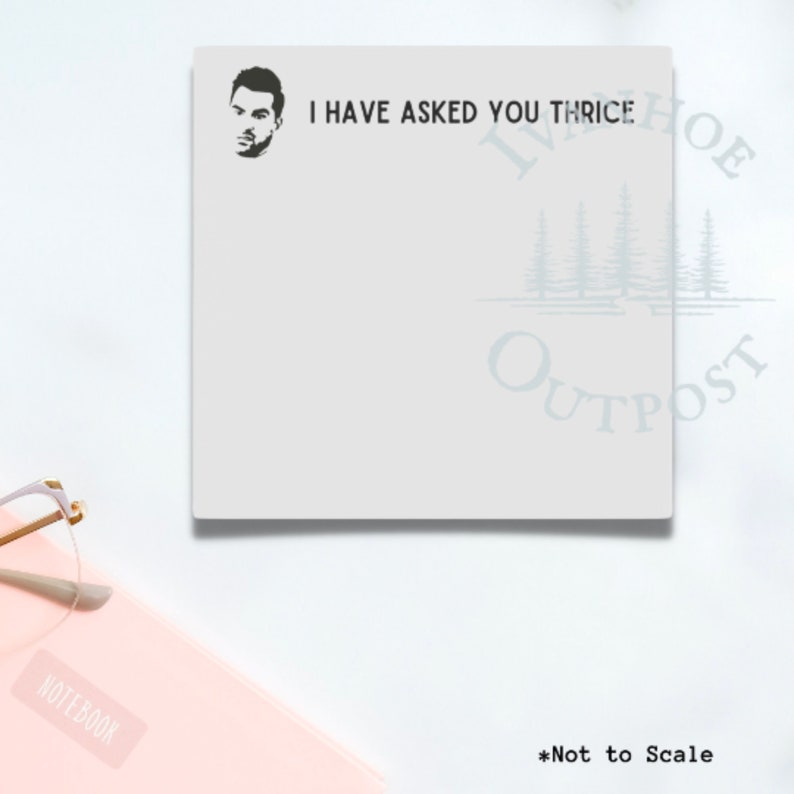 May include: A white sticky note with the text "I have asked you thrice" printed in black. A black and white silhouette of a man's face is in the top left corner. The text "Inn of the Outpost" is printed in a light blue color in the top right corner.