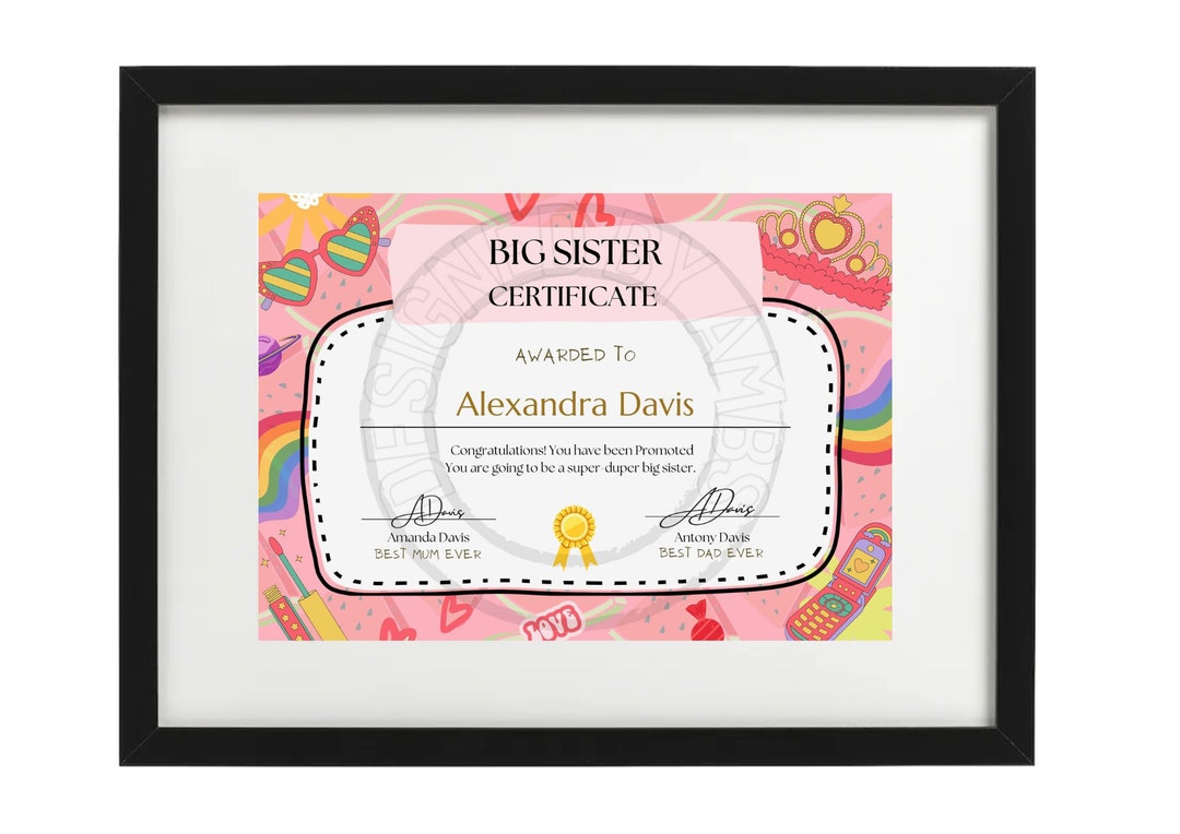 PERSONALISED Big Sister Certificate Cute Downloadable - Etsy