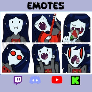 Peut inclure: Six émoticônes de dessin animé représentant un personnage à la peau pâle, aux longs cheveux noirs et aux crocs. Le personnage porte un pull gris avec un motif de chat rouge. Le mot "EMOTES" est en haut. Icônes de médias sociaux en bas.