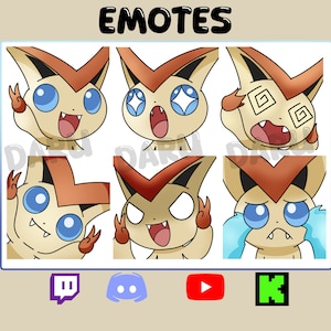Op de afbeelding: Digitale illustratie met zes cartoon-emotes van een wezen met bruin haar, rode en bruine accenten en blauwe ogen. De emotes tonen verschillende uitdrukkingen, met het woord "EMOTES" bovenaan. Social media-pictogrammen onderaan.