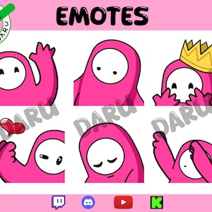 May include: A collection of six pink cartoon emotes, each depicting a character with a white face and a bean-shaped body. The emotes show various expressions and actions, including waving, hiding, and holding a heart. The word "EMOTES" is at the top.