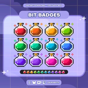 Odznaki Pixel Twitch z butelkami mikstury | Ikony strumienia sub/bitów | Pobieranie cyfrowe