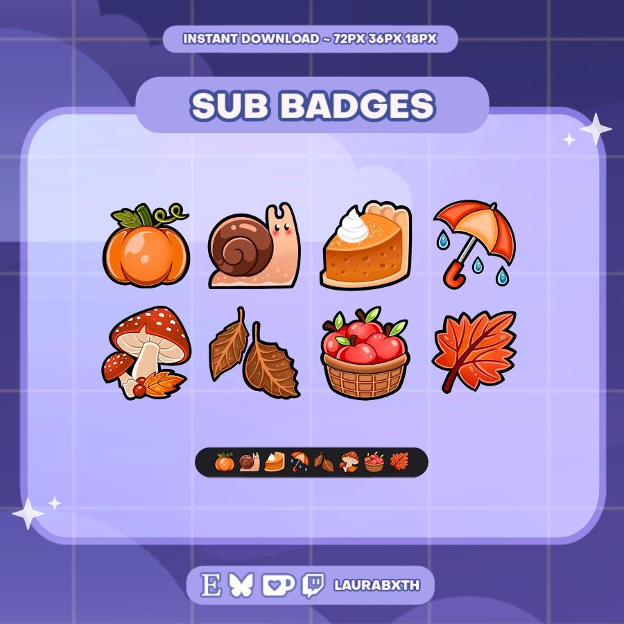 Badges Twitch Cottagecore automnal | Insignes secondaires | Badges à embouts | Kawaii | Mignon | Préfabriqué