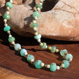 Natural Chrysoprase Beaded Necklace, Sterling Silver Chrysoprase Choker, Butter Jade and Pyrite Green Gemstone Necklace, Handmade Jewelry