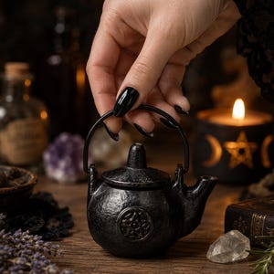 Mini Ritual Kettle Cauldron with Pentagram | 8x10cm Cast Iron Spell Pot for Incense, Herb Burning & Liquid Offerings | Wiccan Altar Tool