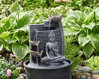 Boeddha Lotus Waterval Fontein, 28 cm Tafelmodel Cascaderende Fontein met Boeddhabeeld en Lotusvazen, Zen Feng Shui Decoratie voor Meditatie