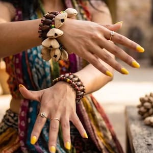 May include: A multi-layered bracelet made of brown wooden beads and light tan, bell-shaped seed pods. The bracelet features a cluster of these natural pods strung together with dark brown beads, worn on the wrist alongside a smaller beaded bracelet.