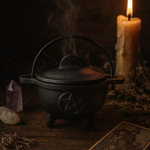 May include: A black cast iron cauldron with a pentagram design, steam rising from it. A lit candle, crystals, and tarot cards are nearby. The scene is set on a wooden surface, creating a mystical ambiance.
