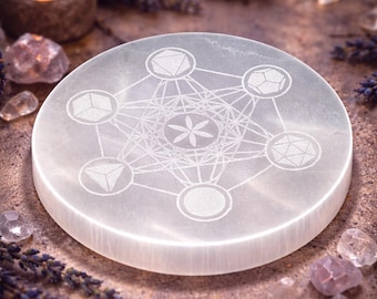 Selenite Charging Plate, Metatron Energy Grid, Large Selenite Plate, 18cm Crystal Healing Slab with Sacred Geometry, Recharge Crystals,
