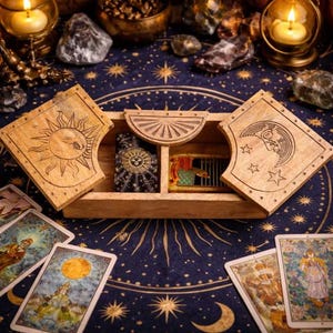 Peut inclure: Une boîte rectangulaire en bois avec deux couvercles à charnières présentant des motifs de soleil et de lune gravés au laser. La boîte est divisée en deux compartiments, chacun contenant un jeu de cartes de tarot sur un tissu bleu marine.