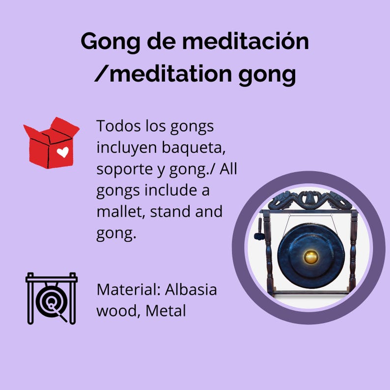 Puede incluir: Un gong de meditaci&oacute;n hecho de madera de albasia y metal. El gong es azul oscuro con un centro dorado y est&aacute; montado en un soporte de madera. El texto en la imagen dice "Gong de meditaci&oacute;n / meditation gong."