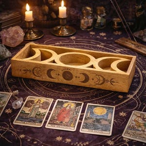 May include: A wooden tarot card holder with crescent moon and celestial designs. The holder sits on a purple cloth with tarot cards, candles, and crystals. The cards include "The Lovers", "The Magician", and "The Moon".