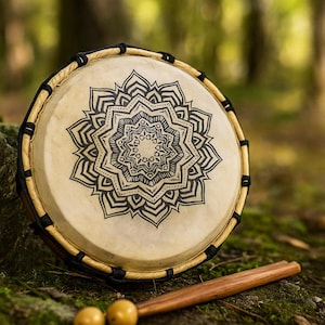 Tambor chamanico mandala con Baquetas |  Goat hide drum, Native drum, Spiritual drum, Healing drum,  Shamanic drum | Sound therapy 20 cm