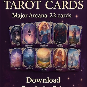 Puede incluir: Descarga digital de cartas del Tarot de Cuentos de Hadas con cartas de Arcanos Mayores. La imagen muestra 10 de las 22 cartas, cada una con ilustraciones y títulos únicos. El texto en la imagen incluye "Descargar Listo para Imprimir Alta Resolución."