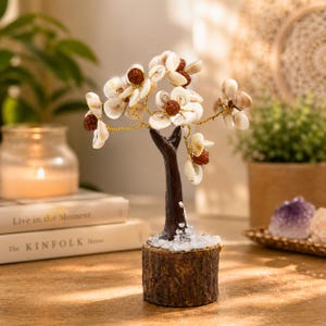 Può includere: Una scultura decorativa a forma di albero con un tronco marrone scuro e rami adornati da fiori di conchiglia bianchi e piccoli accenti marroni. L'albero poggia su una base di legno, creando un'esposizione naturale e artistica.