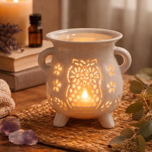 Mini Cauldron Wax Melt Burner, Owl Oil Burner, Ceramic Warmer, White Ceramic Aromatherapy Diffuser, Spiritual Home Decor, Gift for Wisdom