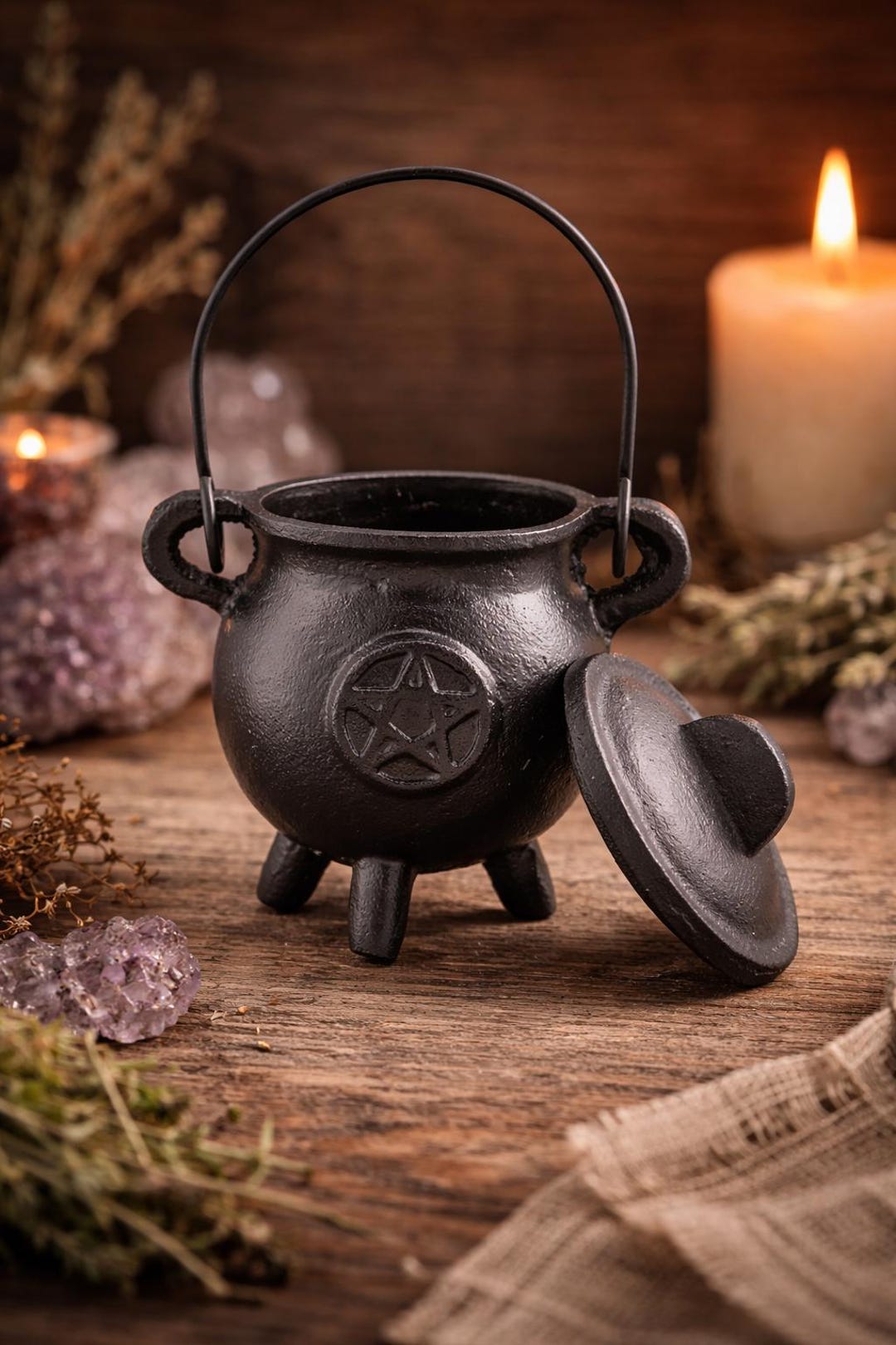 Cast Iron Cauldron With Pentagon, Mini Witchcraft Cauldron, Gothic ...