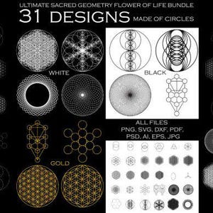 May include: A digital art bundle featuring 31 designs based on sacred geometry and the Flower of Life. The designs are in white, black, and gold, with various geometric patterns made of circles. Text includes "ULTIMATE SACRED GEOMETRY FLOWER OF LIFE BUNDLE" and "31 DESIGNS MADE OF CIRCLES".