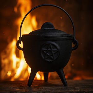 Puede incluir: Un caldero de hierro fundido negro con tapa y asa, sobre un fondo borroso de llamas. El caldero presenta un símbolo de pentagrama en su lateral y se apoya sobre tres patas cortas. El asa se arquea.