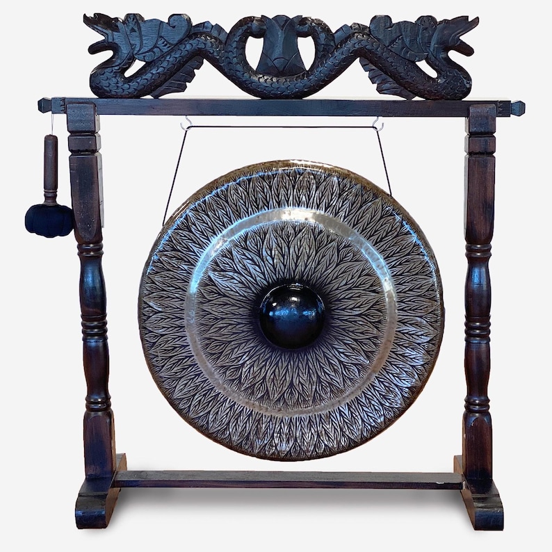 Gong de meditación grande sobre soporte marrón antiguo - 80cm - Negro