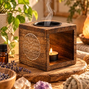 Puede incluir: Un quemador de aceite cuadrado de madera marrón oscuro con un plato metálico circular en la parte superior y un patrón de flor de la vida tallado en el lateral. Una vela de té encendida emite un fino hilo de humo desde el plato superior.