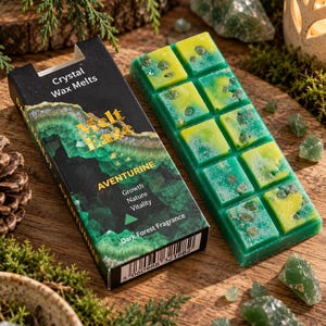 Può includere: Una tavoletta rettangolare di cera profumata verde e gialla con cristalli incastonati, accanto a una scatola nera con le scritte Crystal Wax Melts, Melt Eaze, Aventurine, Growth, Nature, Vitality, Dark Forest Fragrance e un codice a barre.