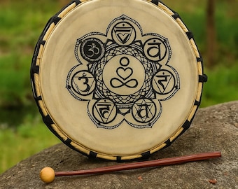 Sjamanistische chakra drum | Sjamanistische drum van geitenvel | Sjamanistische drum, helende drum, klanktherapie | Meditatie drum, meditatief instrument