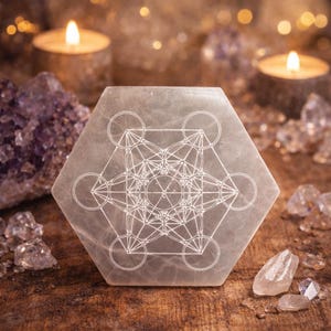 Metatron's Cube Hexagonal Selenite Charging Plate | 18cm Sacred Geometry Grid for Protection & Spiritual Connection | Crystal Charging Slab