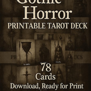 Puede incluir: Imagen en tonos sepia de una baraja de tarot imprimible "Gothic Horror". El diseño incluye 78 cartas con ilustraciones góticas, listas para imprimir y editables en Canva. La imagen también muestra los dorsos de las cartas.