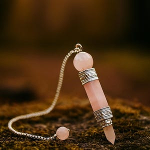 Pendolo vintage in quarzo rosa a 3 pezzi, guarigione del chakra del cuore, pendolo in quarzo rosa, pendoli di cristallo, radiestesia, strumento per rabdomante