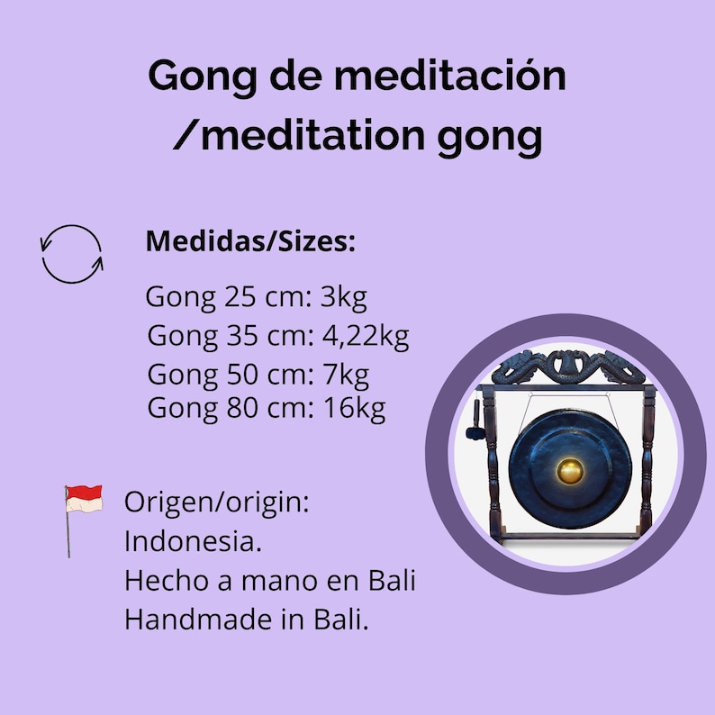 Puede incluir: Un gong de meditaci&oacute;n con una superficie azul oscuro y un centro dorado, montado en un marco de madera oscura. La imagen incluye texto en espa&ntilde;ol e ingl&eacute;s, con detalles de tama&ntilde;o y peso en cent&iacute;metros y kilogramos. Hecho a mano en Bali, Indonesia.