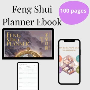 Könnte beinhalten: Ein E-Book namens "Feng Shui Planner" wird auf einem Tablet und Smartphone angezeigt. Das Cover zeigt eine Berglandschaft und chinesische Schriftzeichen. Das Smartphone zeigt Tipps für Feng Shui im Schlafzimmer. Ein violetter Kreis zeigt 100 Seiten an.
