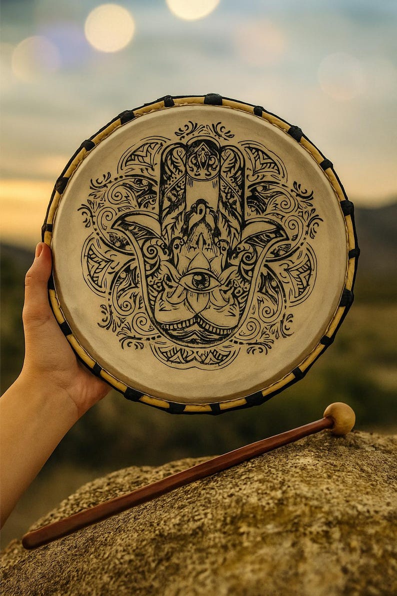 Sjamanistische Hamsa-drum met drumstok | Geitenvel-drum, Inheemse drum, Spirituele drum, Helende drum, Sjamanistische drum | Geluidstherapie, 30 cm afbeelding 1