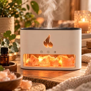 Himalayasaltflamdiffusor, ultraljudsaromfuktare med LED-flameffekt och USB, 250 ml eterisk oljediffusor för hemmameditation