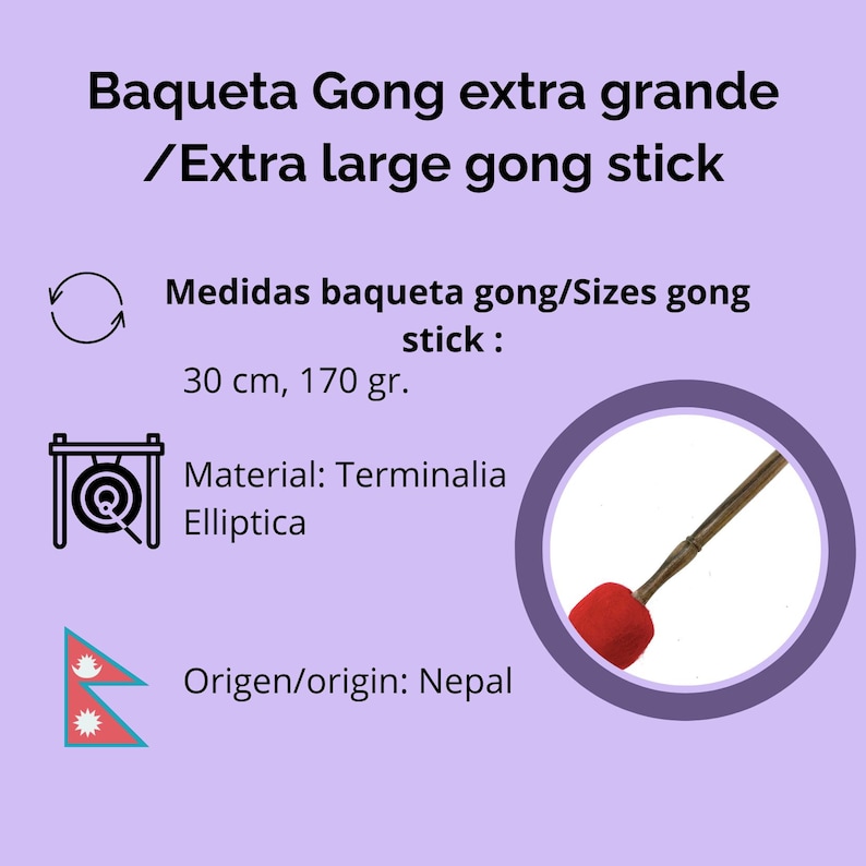 Puede incluir: Una baqueta de gong extra grande con una cabeza de golpeo roja y un mango marr&oacute;n. El texto en la imagen dice "Extra large gong stick" y "Sizes gong stick: 30 cm, 170 gr." El material es Terminalia Elliptica, y el origen es Nepal.