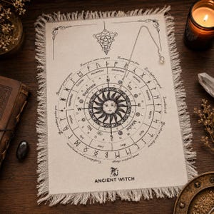 Può includere: Un tappetino rettangolare in tessuto color avorio con bordi sfrangiati, caratterizzato da un diagramma di divinazione circolare stampato in nero. Il design include un sole centrale, lettere, mesi e rune. Un pendolo a catena argentata è appoggiato.