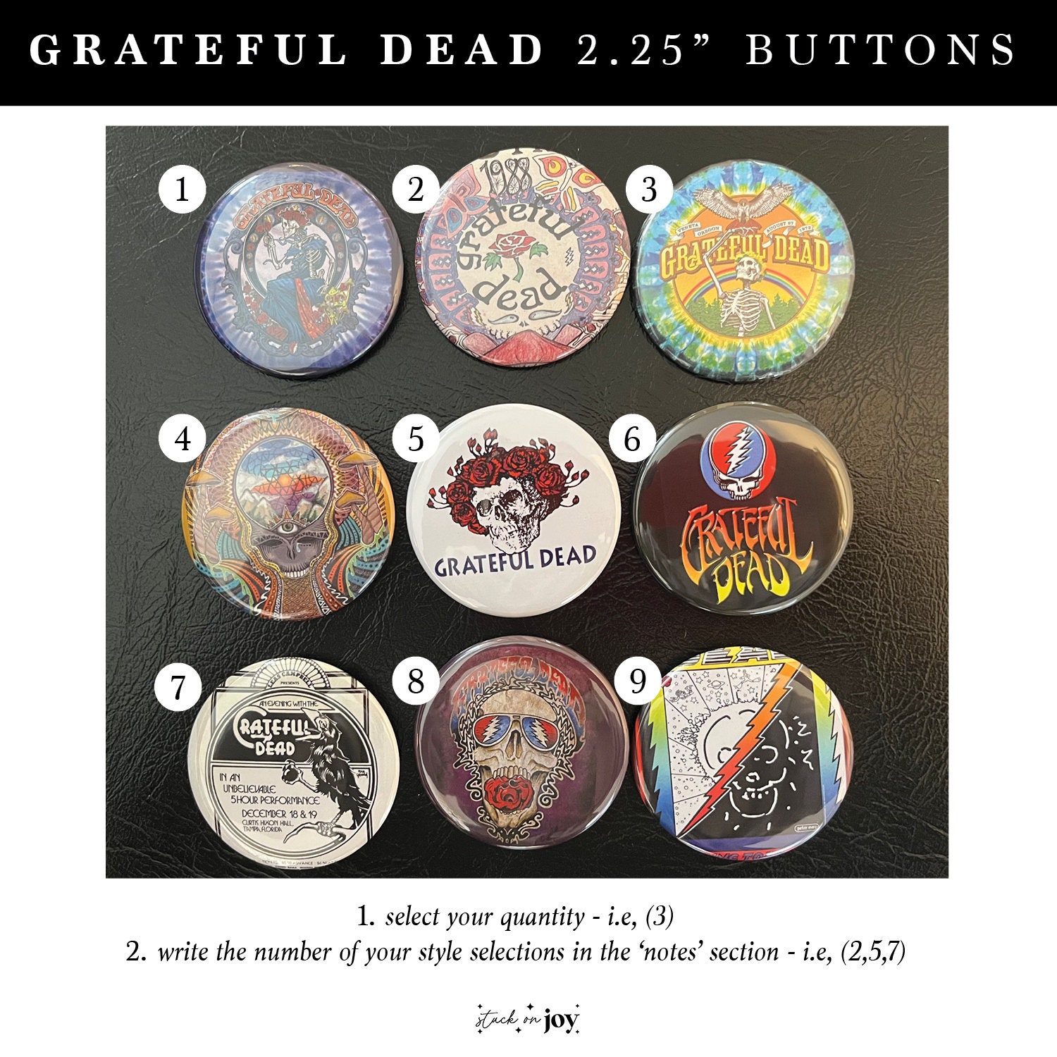 GRATEFUL DEAD Themed 2.25 Pinback BUTTONS Choose Your Style Deadhead ...