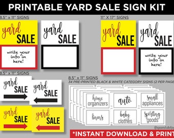 Puede incluir: Kit de carteles de venta de garaje imprimibles con 34 carteles de categoría preimpresos en blanco y negro. El kit incluye carteles para organizadores del hogar, automóviles, pequeños electrodomésticos, ropa de cama, ropa de bebé y artículos deportivos. Los carteles miden 8,5 pulgadas por 11 pulgadas y están diseñados para imprimirse en papel de tamaño carta estándar.