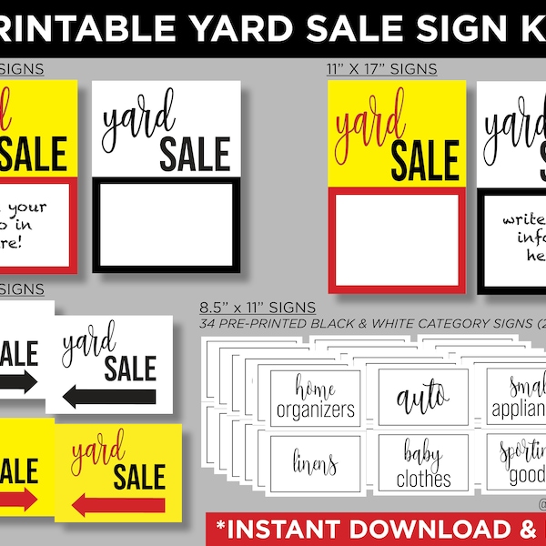 YARD SALE Sign Kit, Garage Sale, Rummage Sale, Category Signs, Print Yourself, Digital Download, DIY, Instant Files