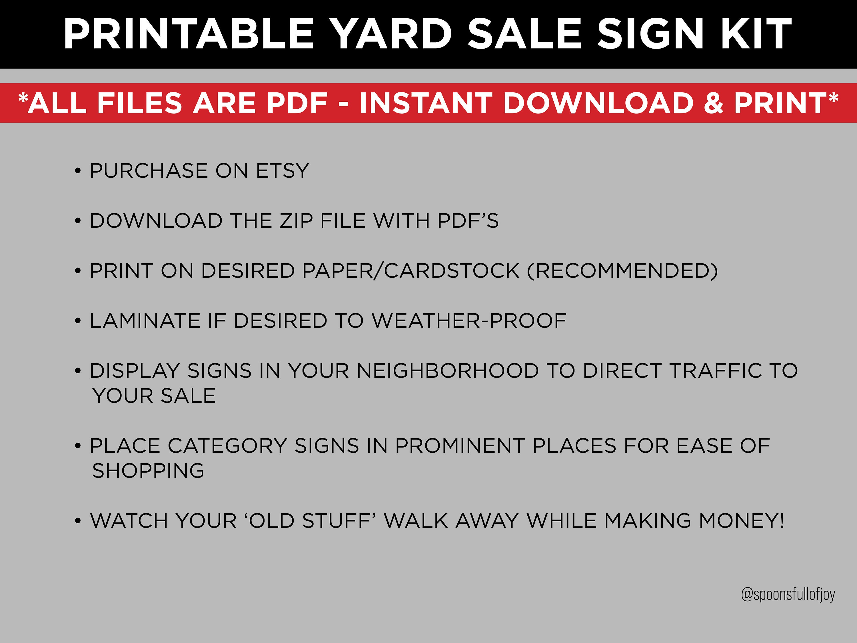 Fillable Rummage Sale Signs YARD SALE Sign Kit, Garage Sale, Rummage Sale, Category Signs, Print ...