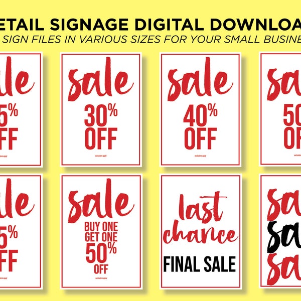 DOWNLOAD & PRINT I Retail Sale Sign Bundle I Store Signs I Posters I Minimalist Design I Retail Marketing I Multiple Sizes