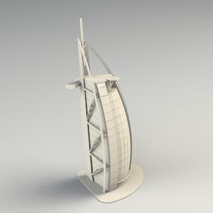 May include: A white model of a tall, modern building with a curved, sail-like design. The building has a series of windows and a pointed top.
