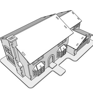 Puede incluir: Un modelo de casa de dos pisos de color blanco y gris, con un garaje, una puerta principal y ventanas. El modelo está hecho de madera y tiene un diseño sencillo.