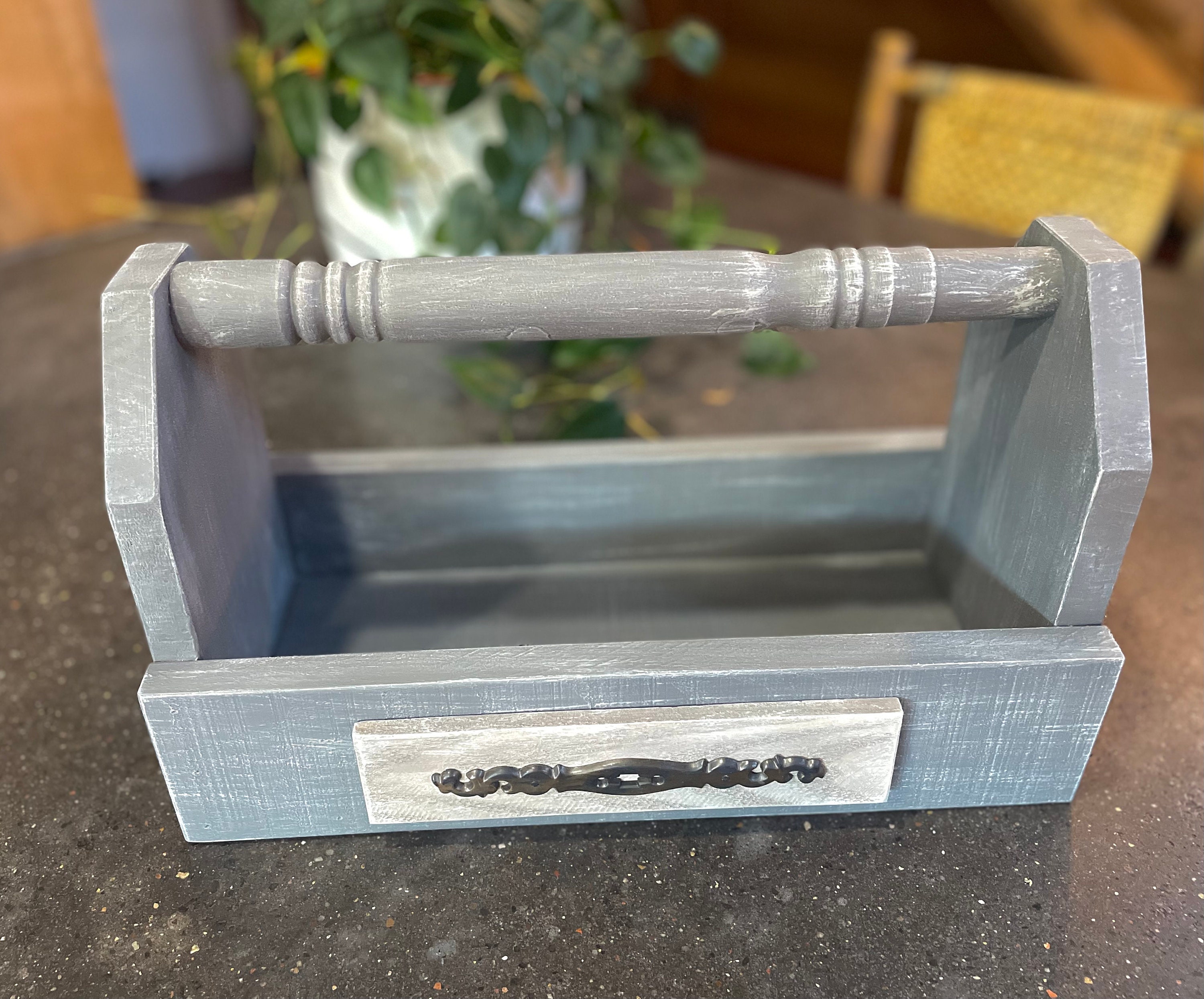 Solid Wood Caddy With Handle Painted Tool Box Spindle Handle Kitchen