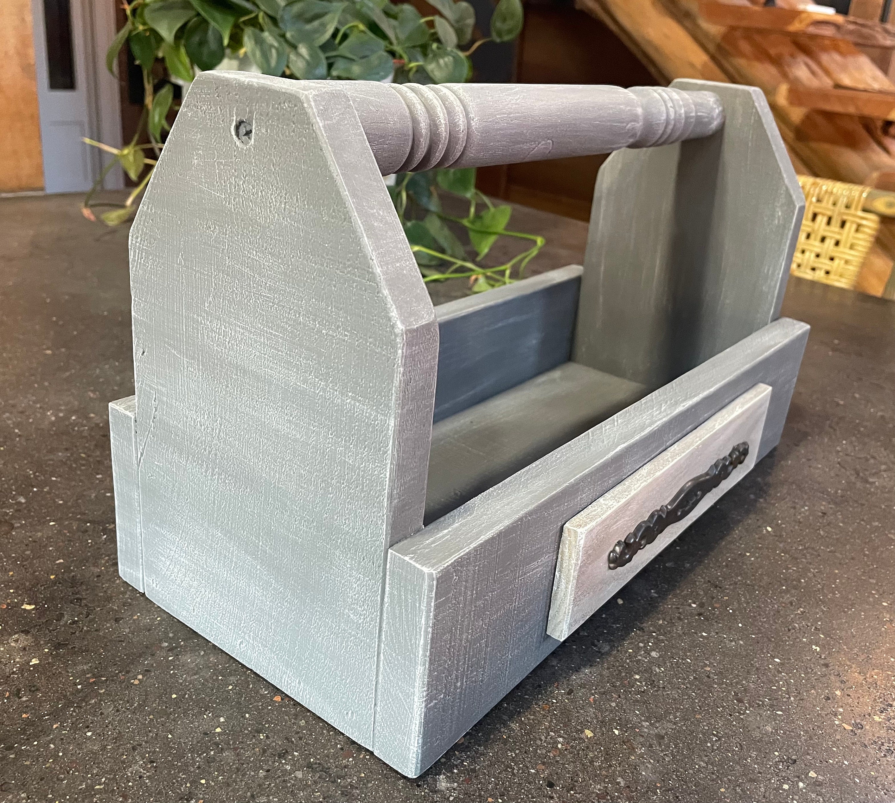 Solid Wood Caddy With Handle Painted Tool Box Spindle Handle Kitchen