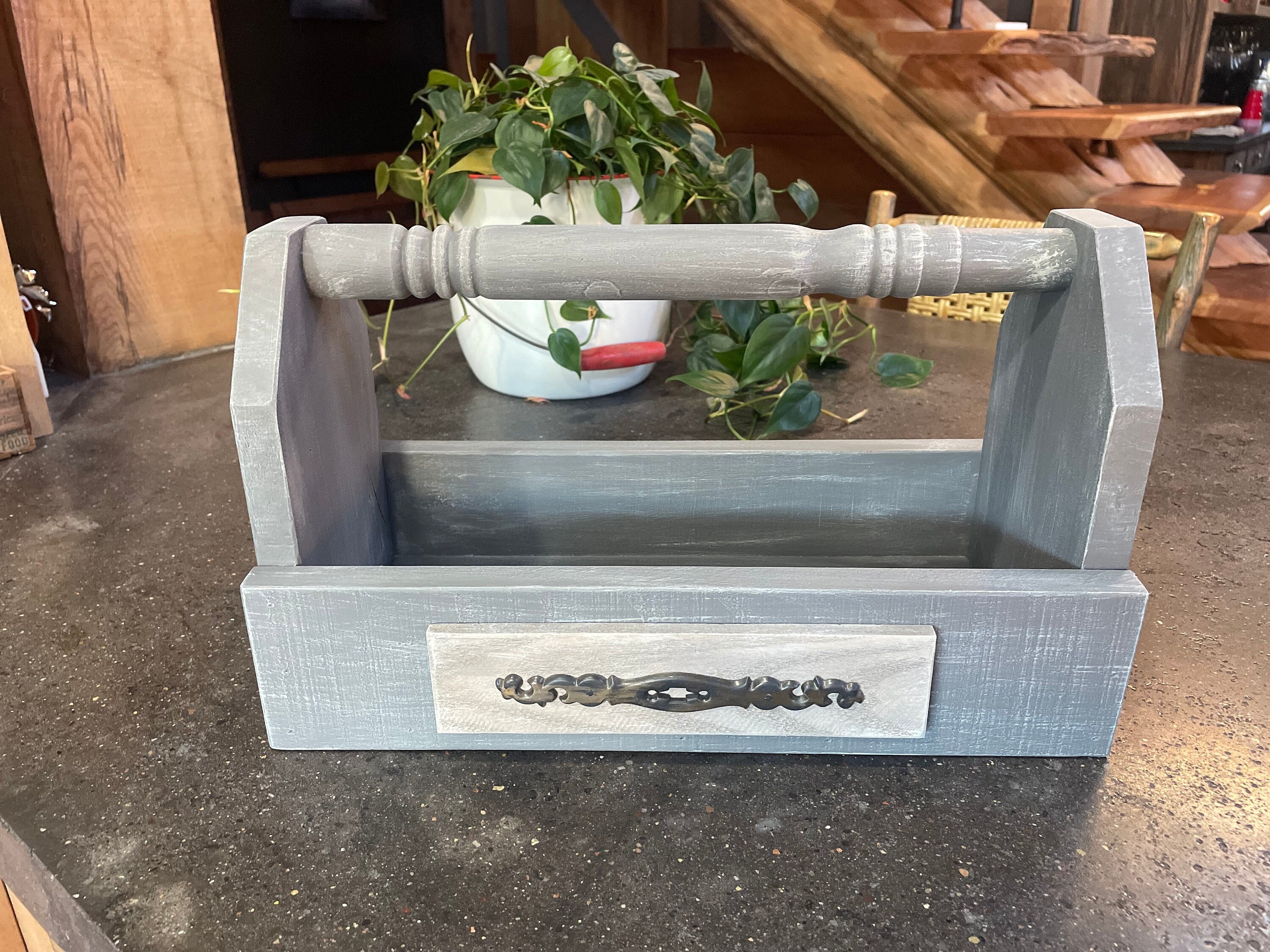 Solid Wood Caddy With Handle Painted Tool Box Spindle Handle Kitchen