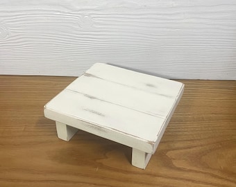 White Distressed Wood Riser, Rustic Farmhouse Decor Stand, Reclaimed Wood Pedestal