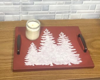 Red Serving Tray with White Trees – Festive Christmas Cookie Tray